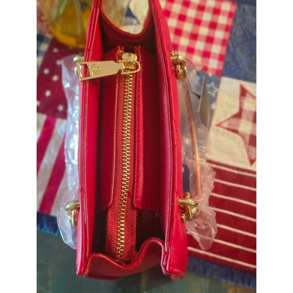 Badgley Mischka Red Quilted Small Tote Handbag Gold Hardware Studded BM-4132 - Picture 6 of 8